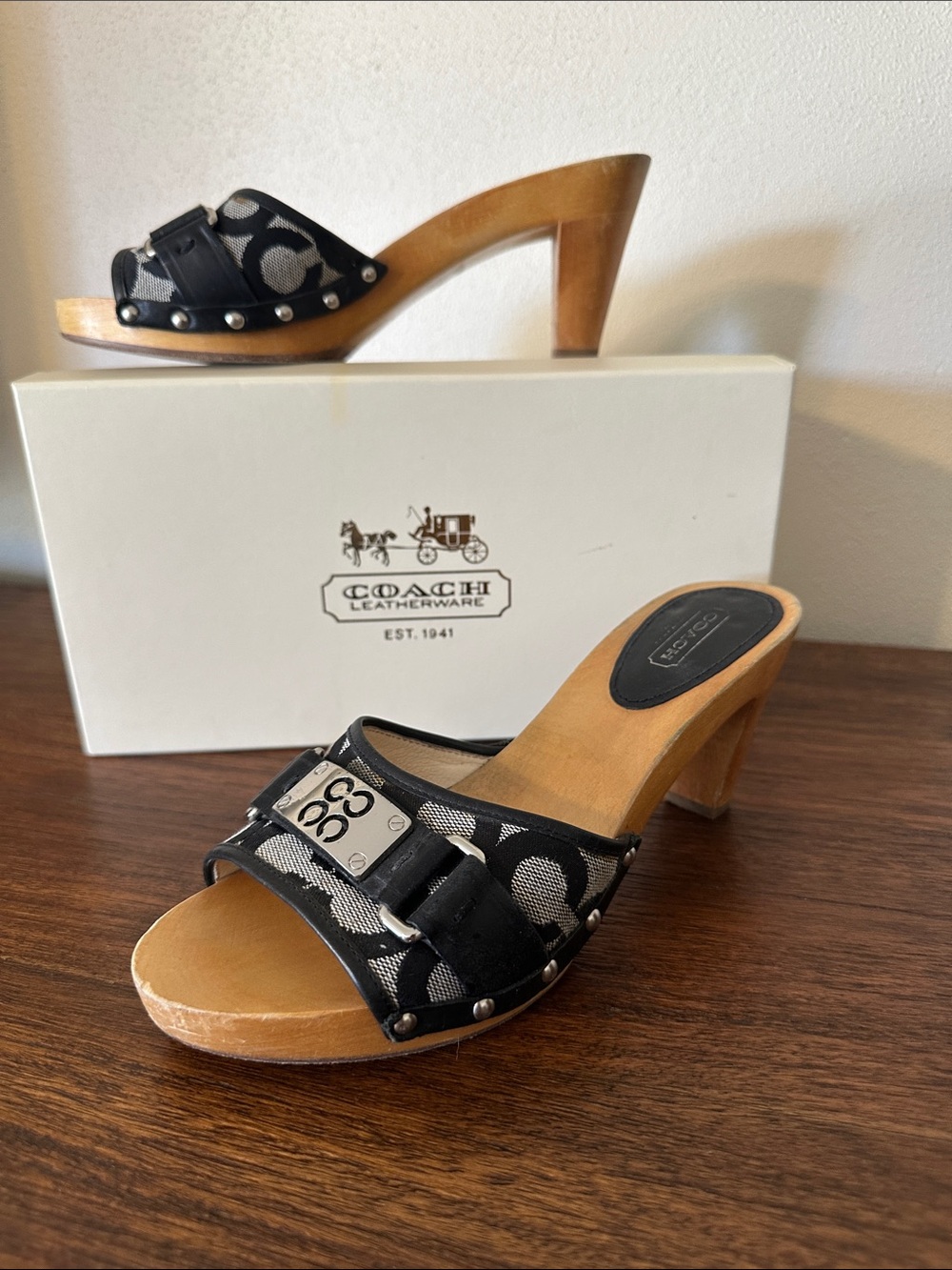 Coach Black Signature Canvas Open-Toe Clog Heels with Wooden Heel